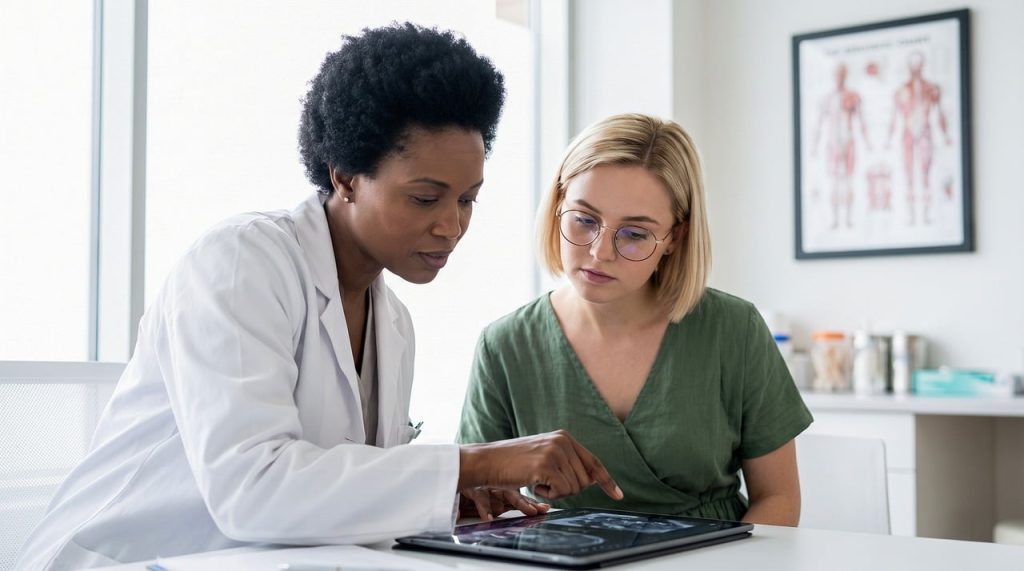 consultation, doctor, patient, tablet, healthcare, modern, lab coat, trust, scientific, posture, discussion, technology, examination, explanation, clinic, encouragement, diagnosis, analysis, results, health