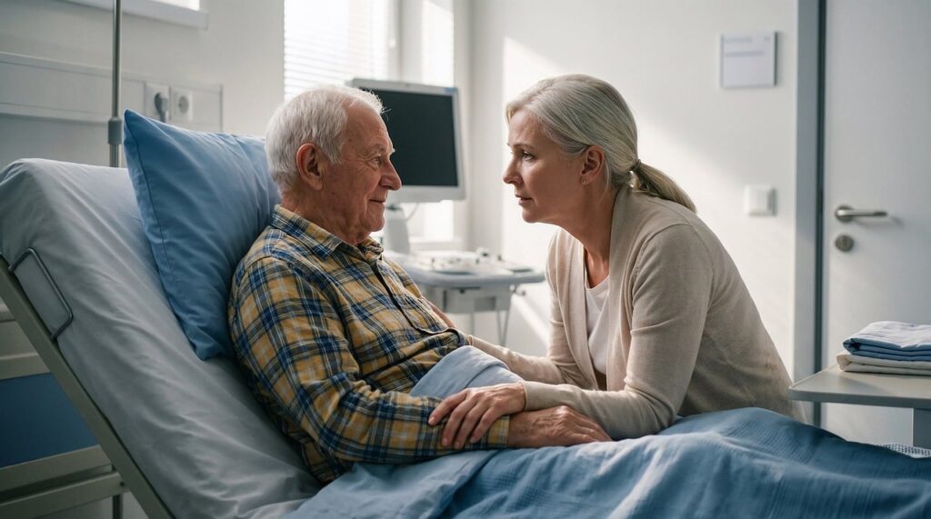 hospital, patient, visit, support, comfort, illness, recovery, elderly, bedside, care, love, health, medical, holding, hands, ward, senior, empathy, family, companion, ai generated